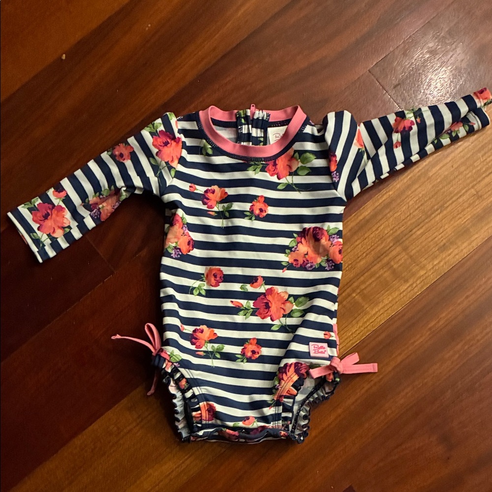 Ruffle Butts Navy Floral Striped One Piece Swimsuit